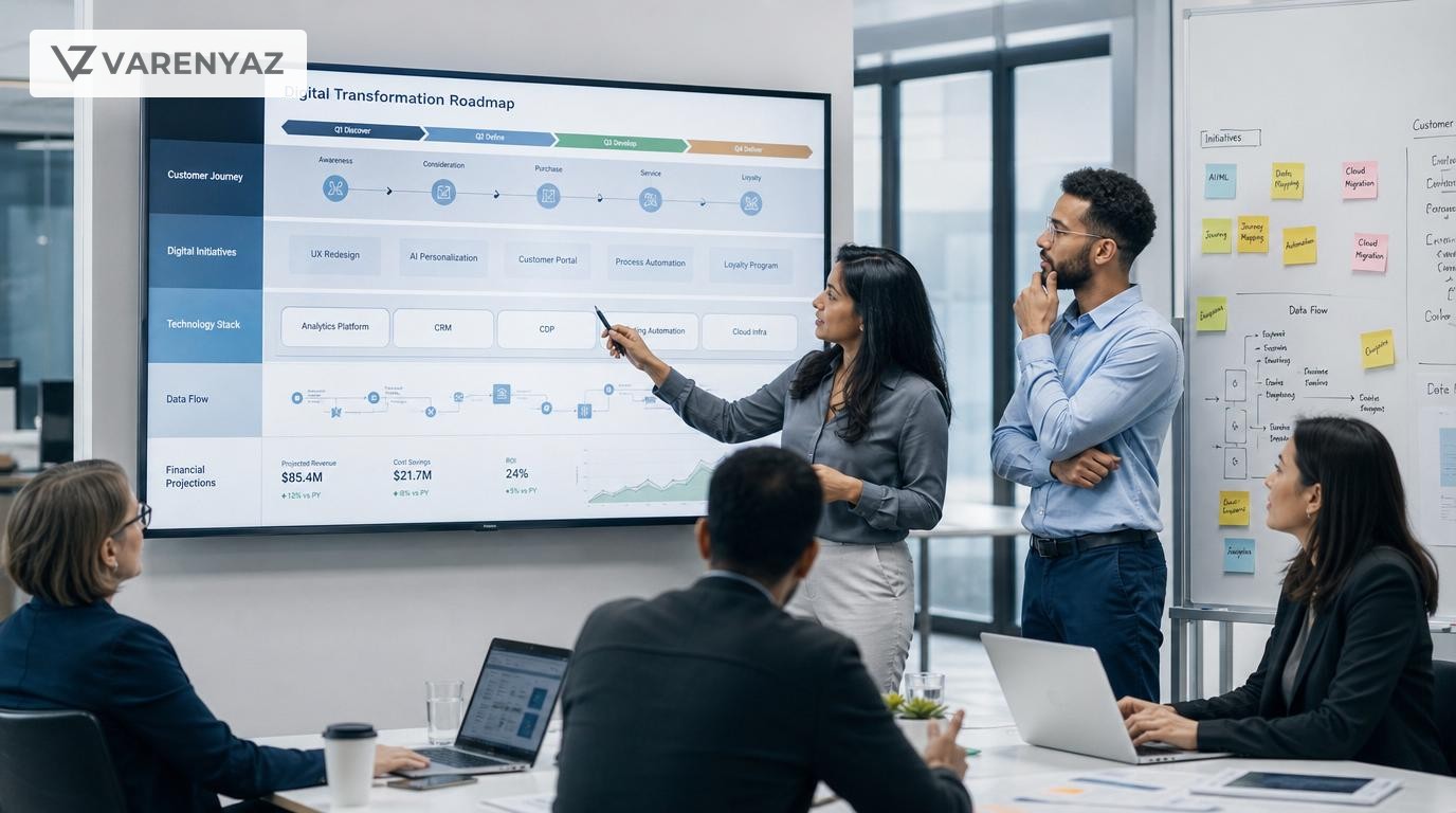 Leadership team collaborating on a digital business plan with roadmaps and metrics displayed on a screen