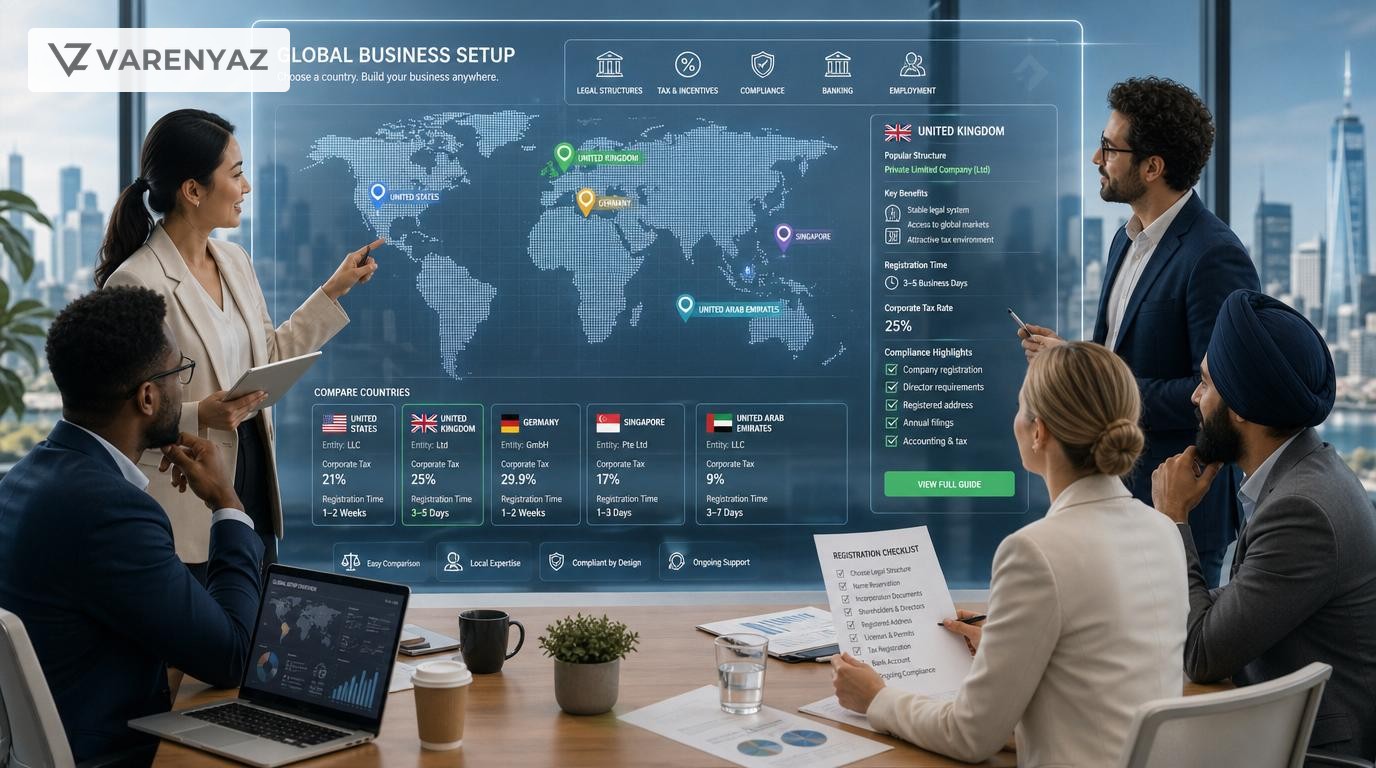 Business leadership team reviewing global company registration requirements on a digital world map display.