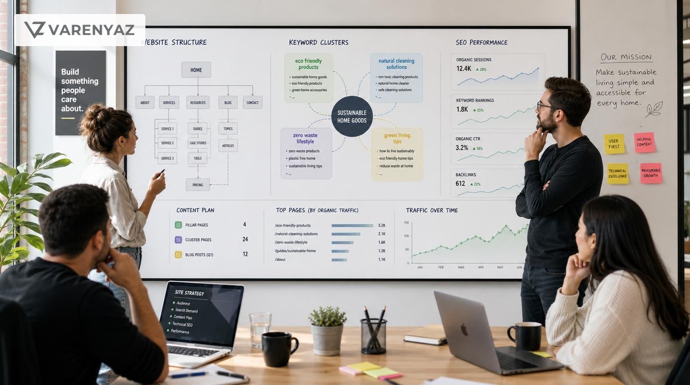 Modern business team planning a new website and SEO presence using diagrams and analytics charts.