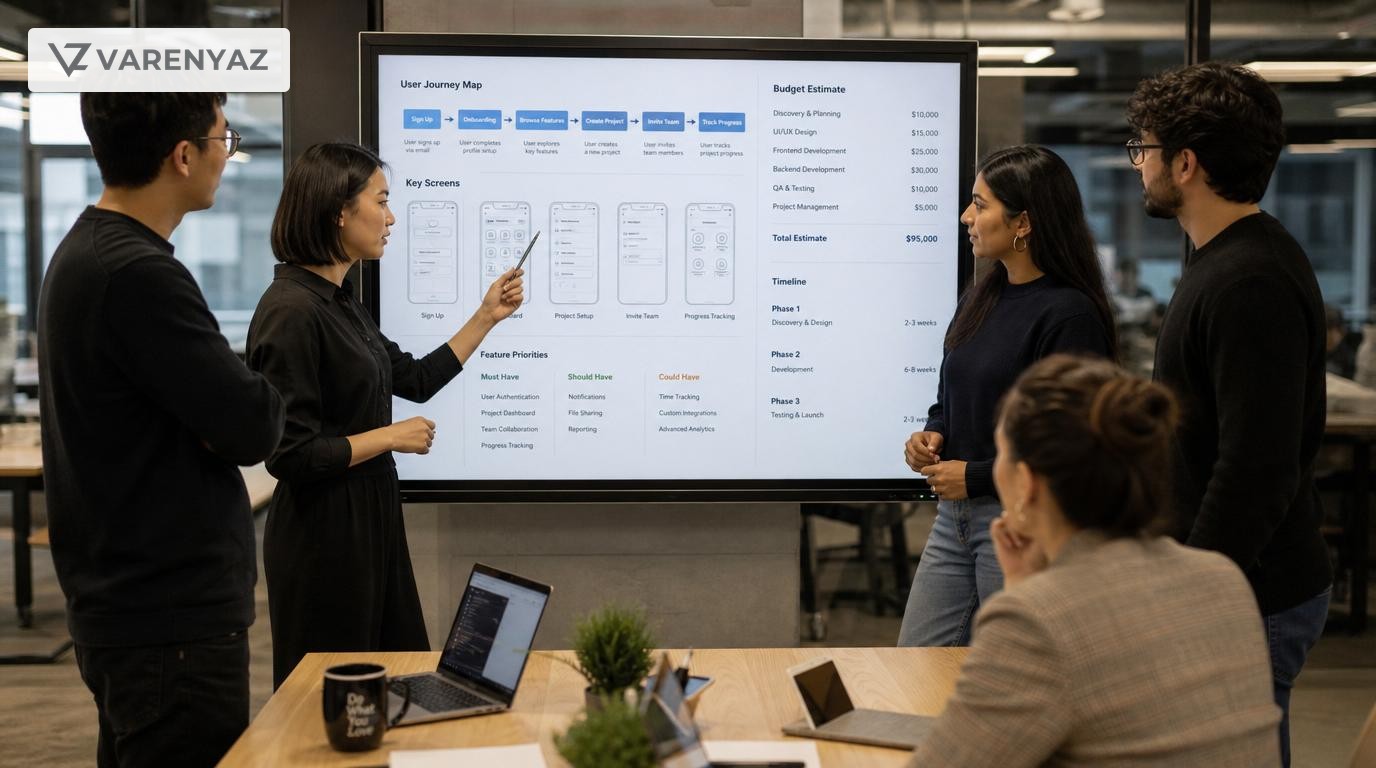Founders preparing user journeys and requirements on a digital whiteboard before hiring a development team.