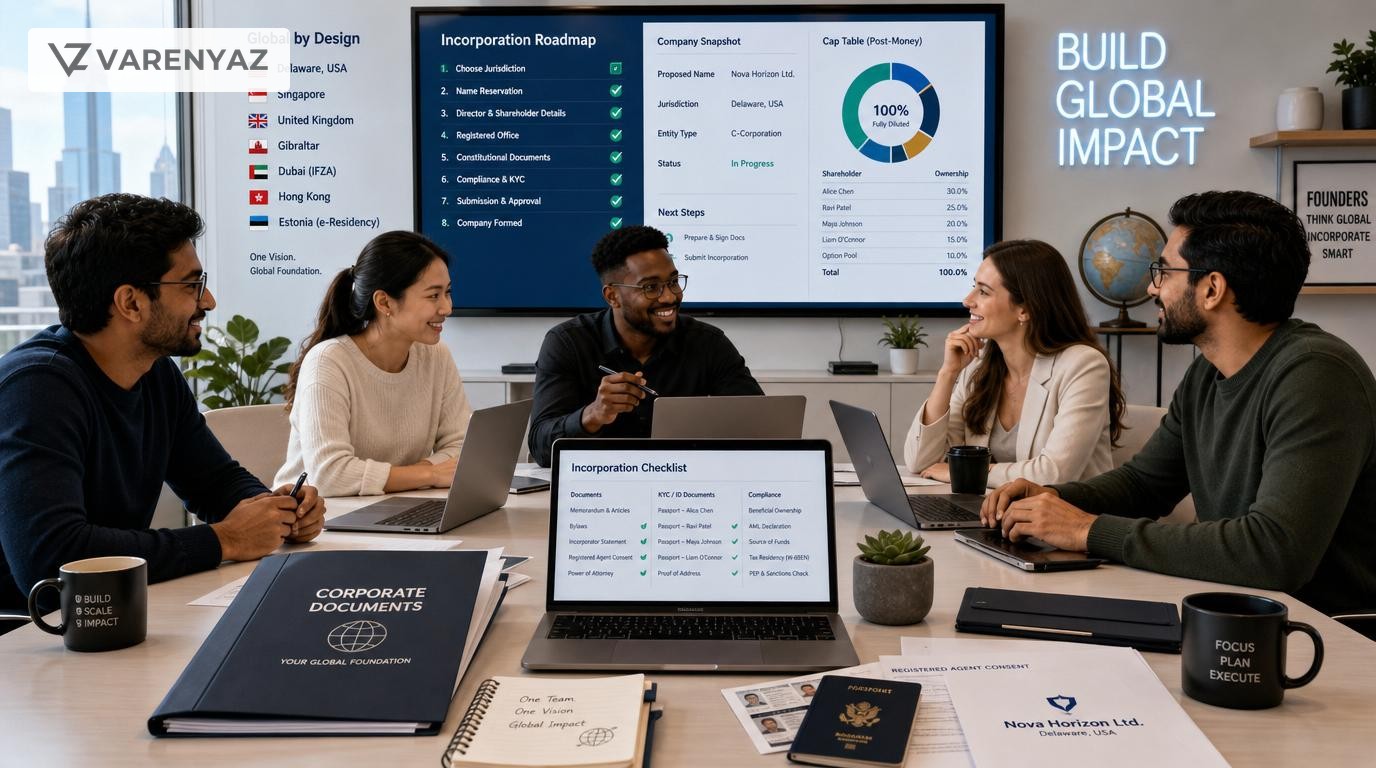 Founders reviewing organised company registration documents and checklists in a modern office.