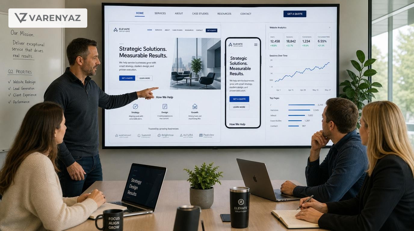 Service business leaders reviewing the design of a modern, conversion-focused website on a large screen.