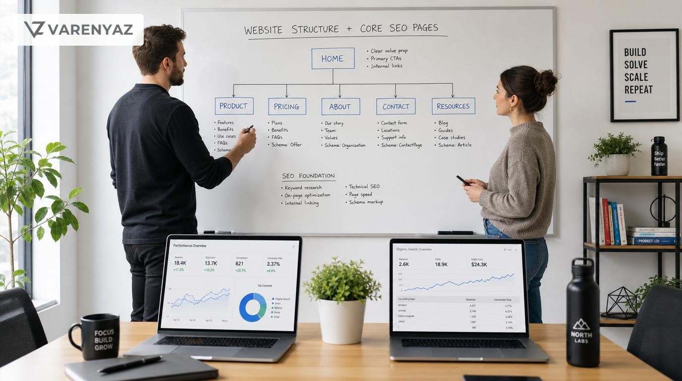 Startup team planning core SEO website pages on a whiteboard with laptops showing analytics dashboards.