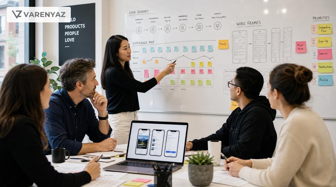 Business and technology team collaborating on mobile app planning with user journeys and wireframes on a wall.