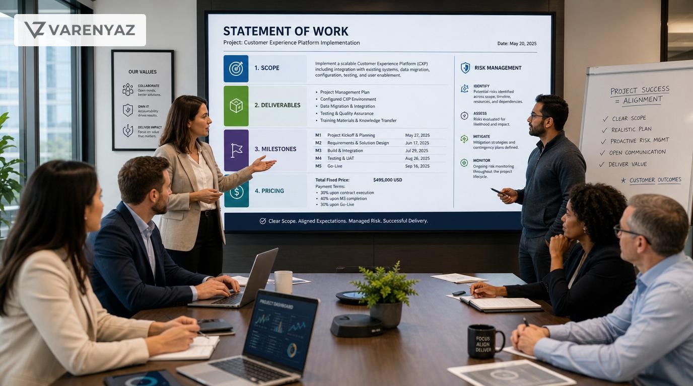 Business and technical leaders reviewing a structured Statement of Work document together in a modern meeting room.