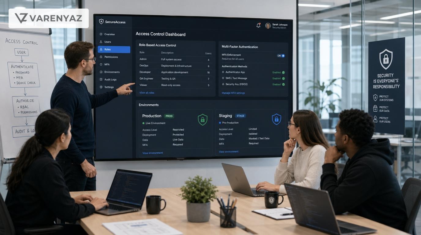 Development team reviewing secure access controls for production and staging systems on a shared dashboard.