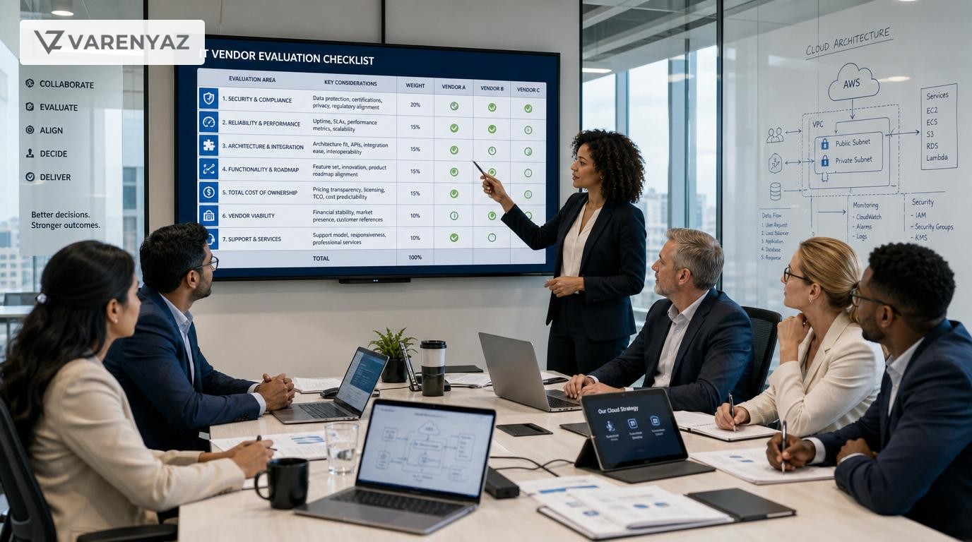 Business leaders and advisors reviewing an IT vendor selection checklist in a meeting room.