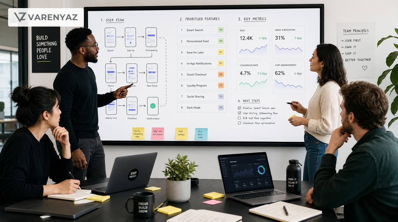 Startup leadership team drafting a requirements document around a digital whiteboard with flows and feature lists
