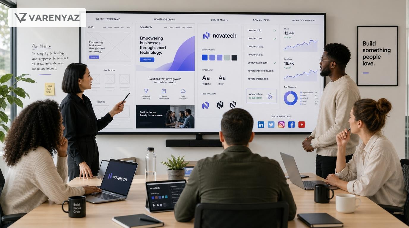 Founders and business leaders planning a newly registered company’s online presence around a large screen.