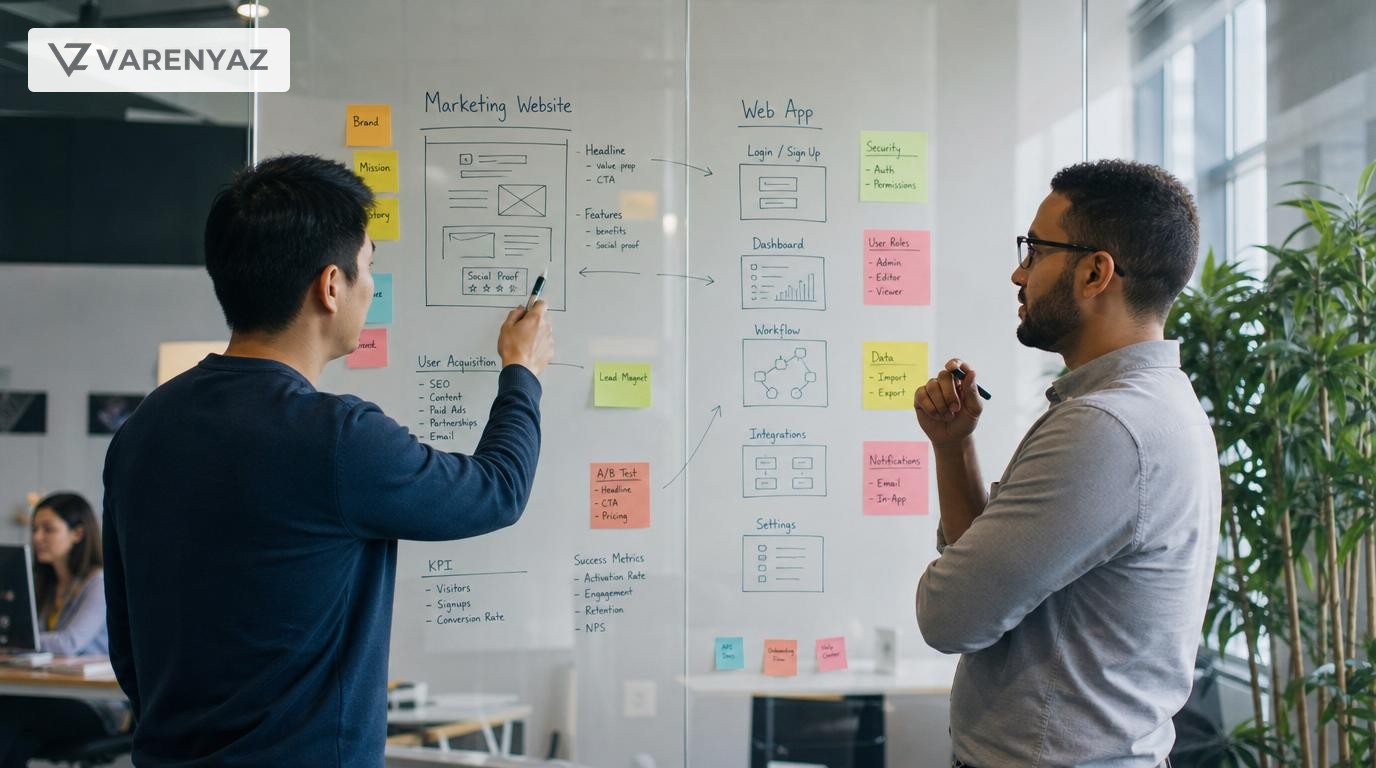 Business leaders comparing diagrams of a marketing website and a web app on a glass wall
