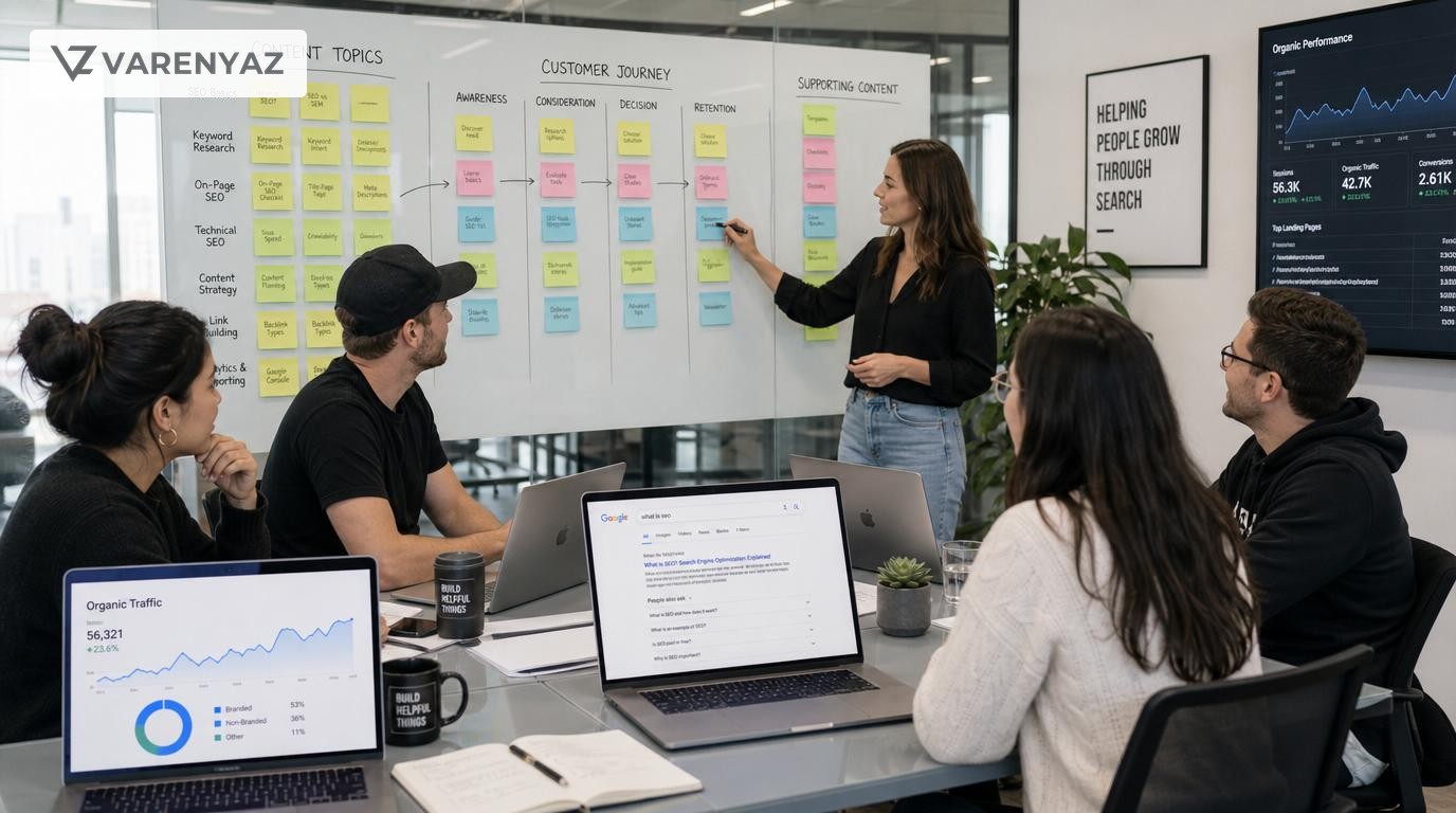 Business leaders collaborating on a content strategy board organized by topics and customer journeys.