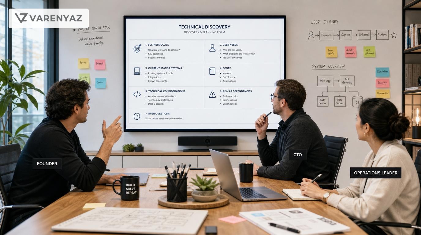 Business and technical leaders reviewing a structured technical discovery form in a modern office.