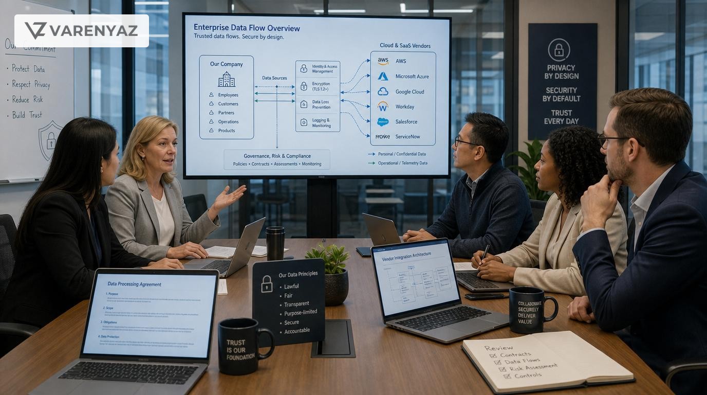 Business leaders and technical experts reviewing a Data Processing Agreement and vendor data flows in a modern office.