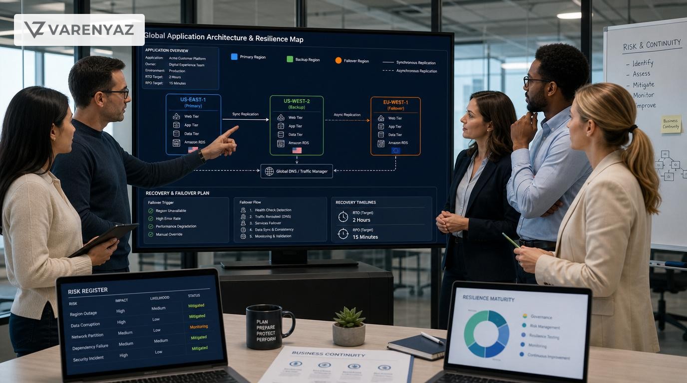 Business and technical leaders reviewing a backup and disaster recovery plan for a web application on a large digital display.