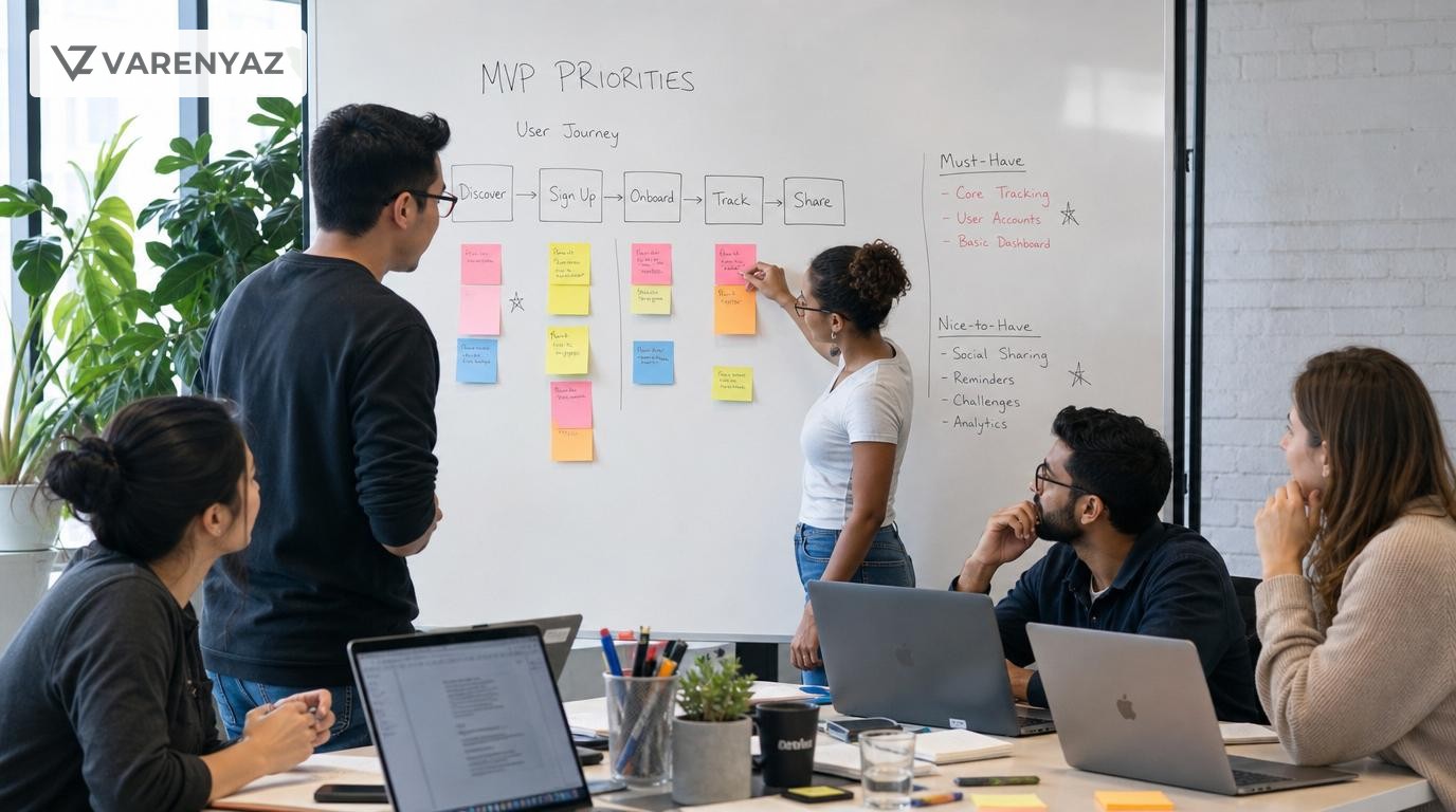 Startup team prioritizing MVP features on a whiteboard, focusing on a simple user journey.
