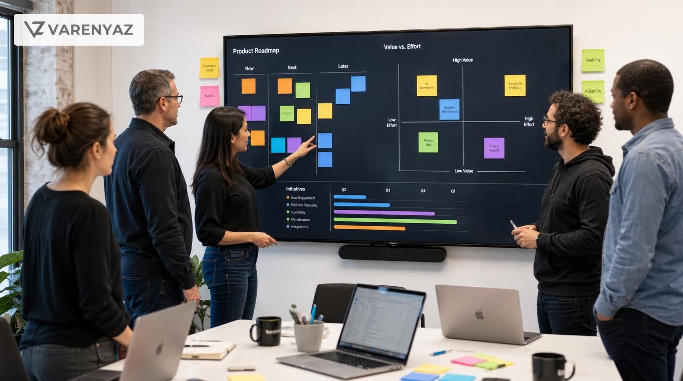 Business and technology leaders prioritizing software features on a roadmap using a value versus effort matrix.