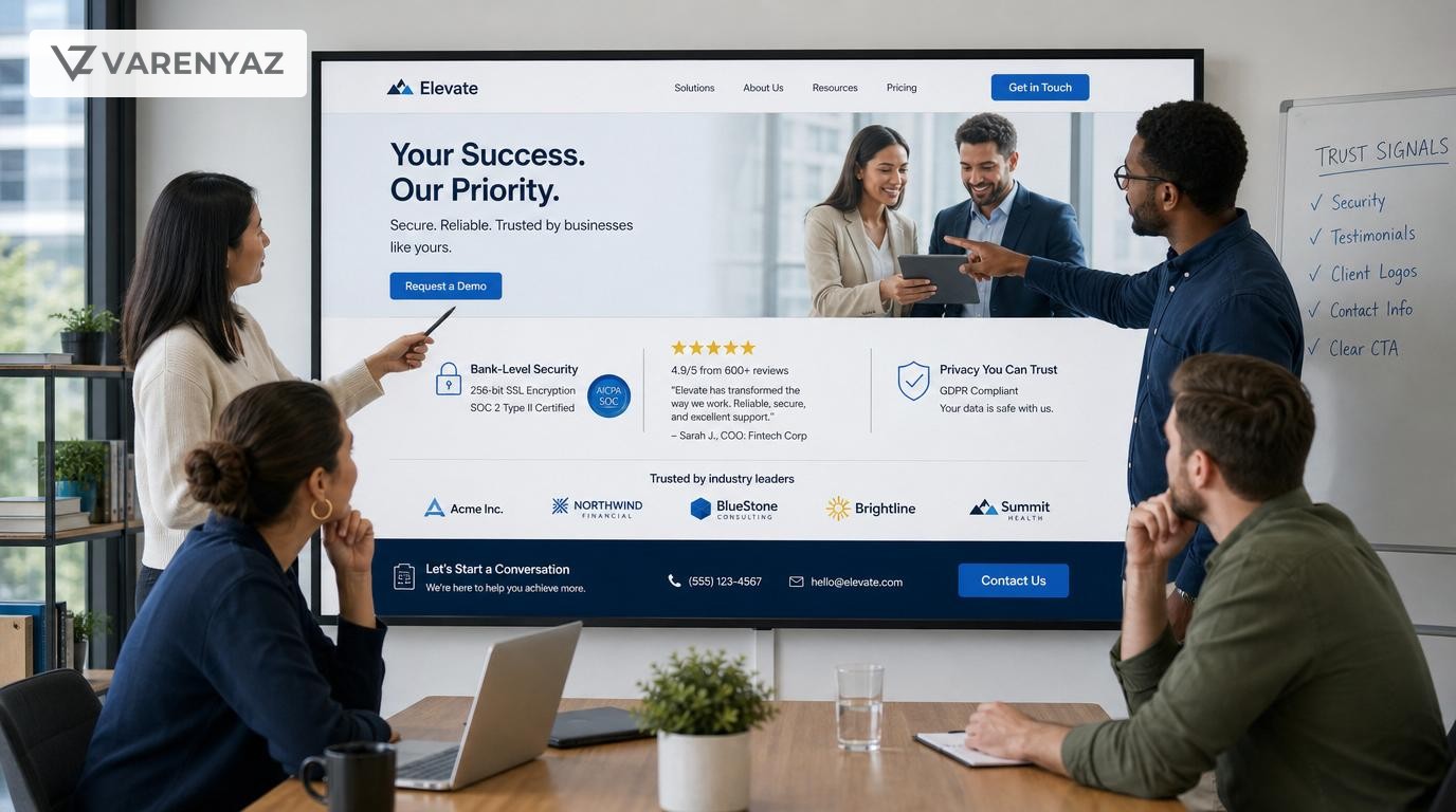 Business leaders reviewing a website layout with visible trust signals such as testimonials, security badges, and client logos.