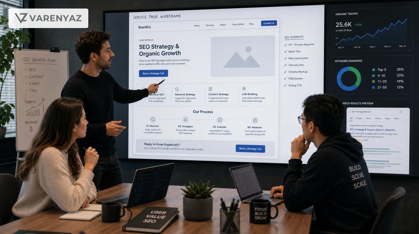 Business leaders reviewing a structured service page layout on a large screen
