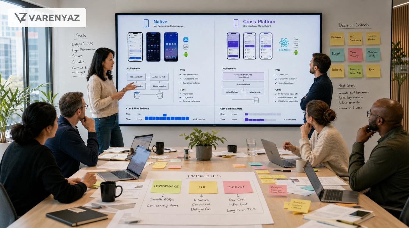 Business and technical team comparing native vs cross-platform mobile app strategies in a planning workshop