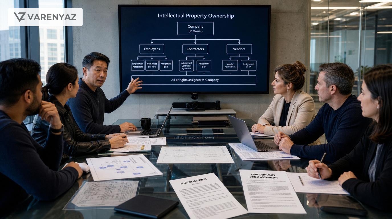 Business and technology leaders reviewing software IP ownership and assignment diagrams in a modern office