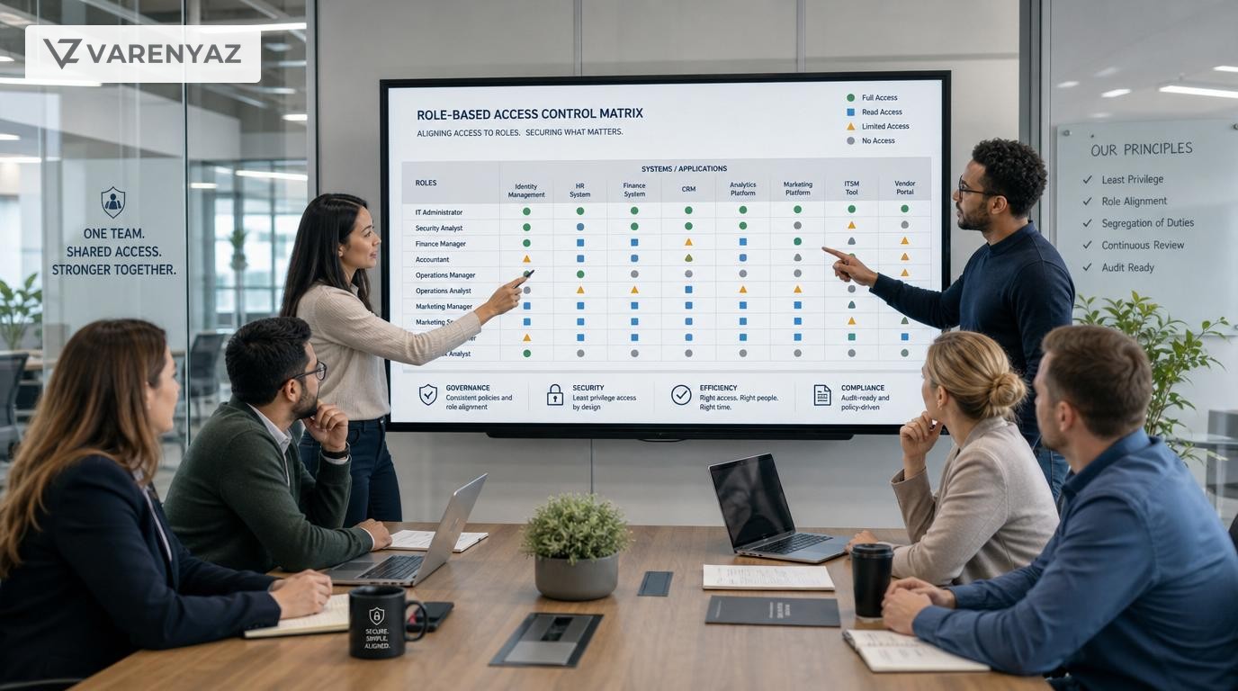 Business and IT leaders reviewing a role-based access control matrix on a large screen in a modern office.