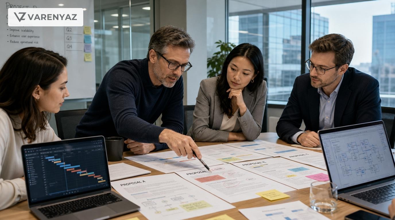 Business leaders reviewing software development proposals and highlighting red flags.