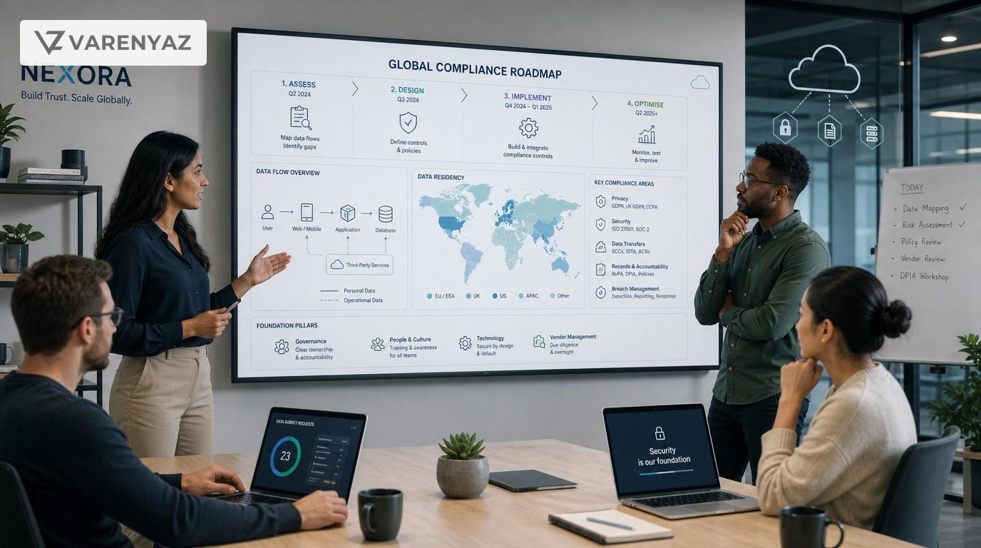 Digital business leaders reviewing a compliance roadmap on a screen with maps, data flows, and security icons.