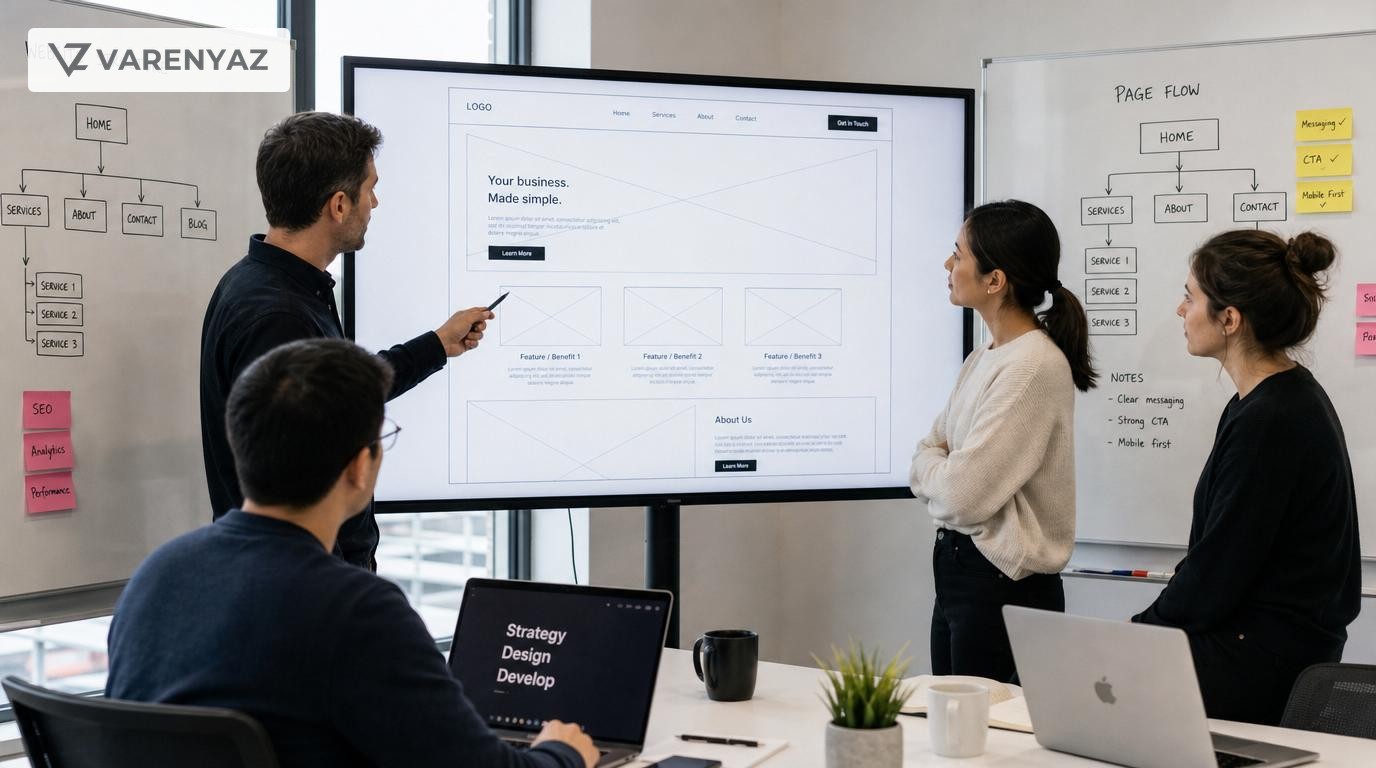 Business leaders reviewing a core website page structure on a large screen, focusing on homepage, services, about, and contact pages.