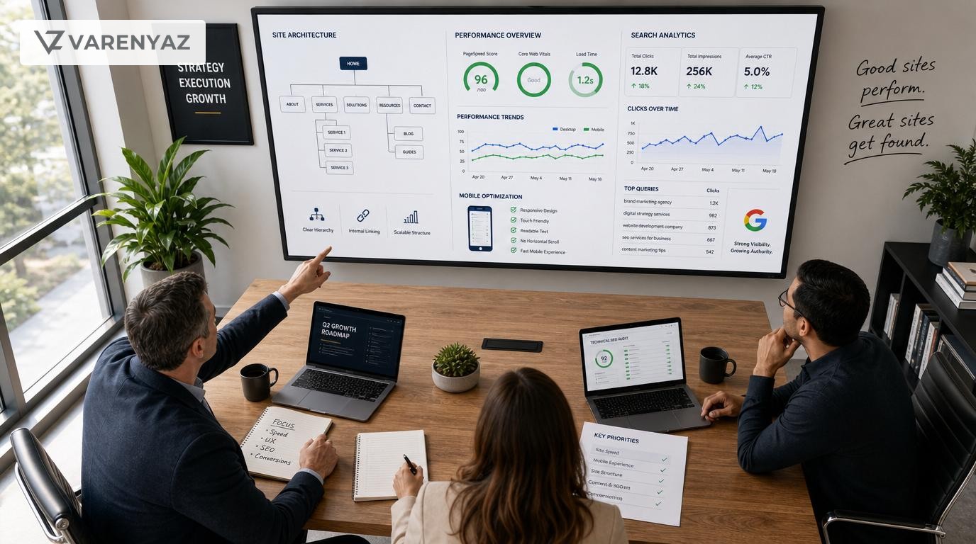 Business and technical leaders reviewing technical SEO performance and site architecture on large screens