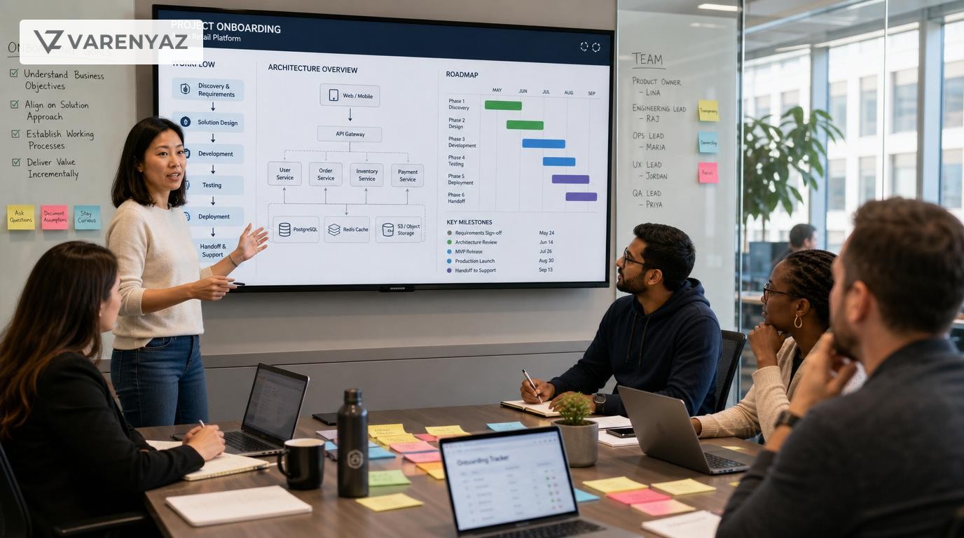 Business and technology leaders collaborating around architecture diagrams and a project roadmap during software project onboarding.