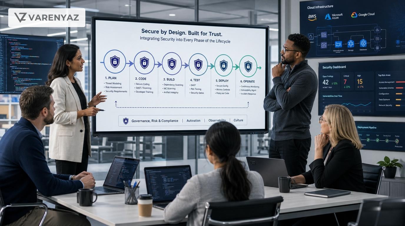 Business and engineering leaders collaborating on a secure software development lifecycle diagram in a modern office.