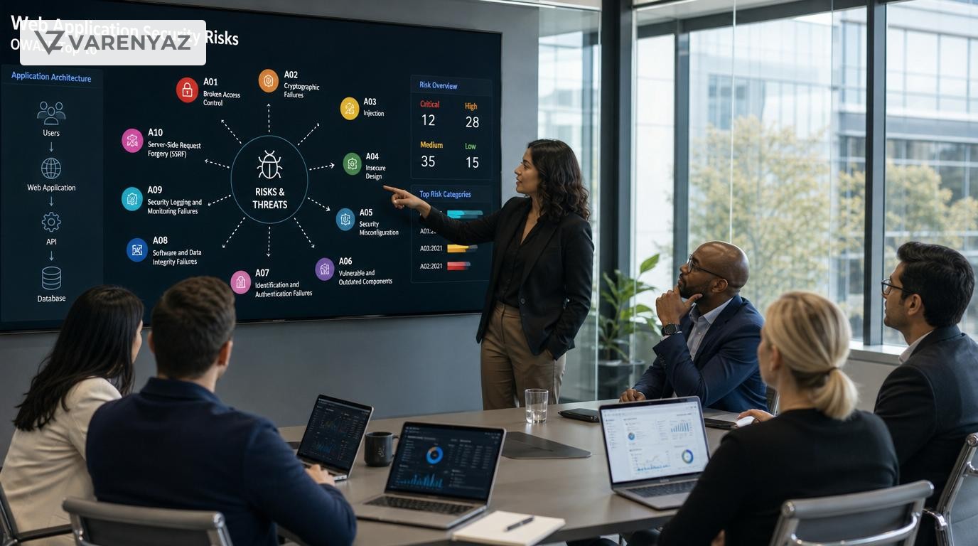 Business and technology leaders reviewing OWASP-based application security risks on a large screen in a modern office.