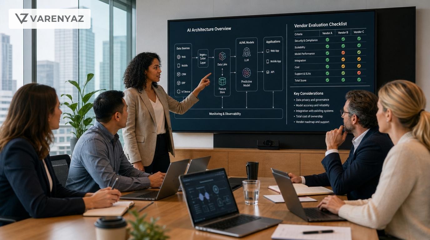 Business leaders reviewing AI vendor evaluation checklists and technical diagrams together in a conference room.