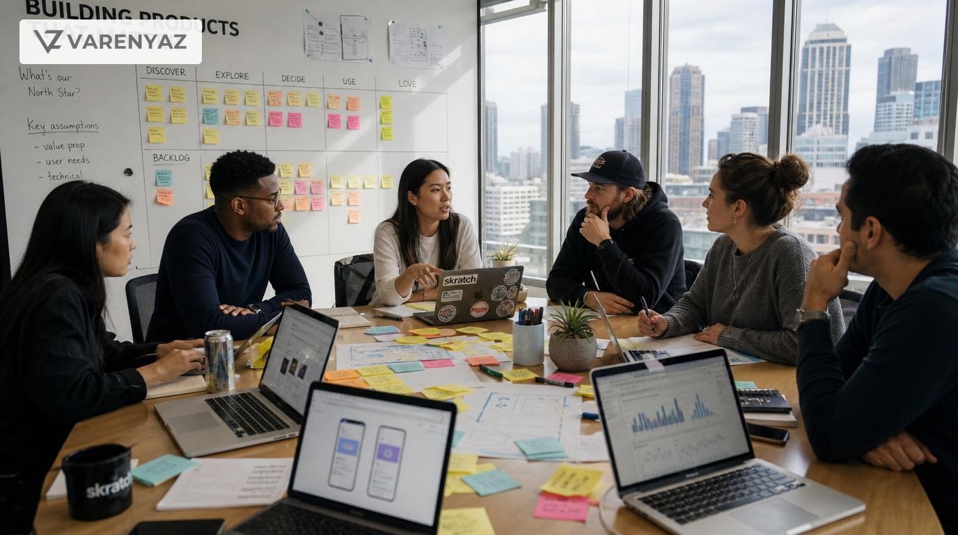 U.S. startup team validating a software idea with prototypes and customer data in a modern office.