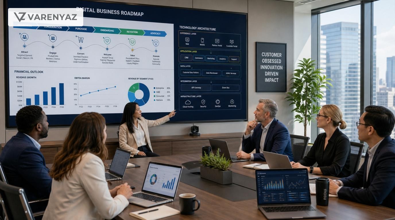 U.S. business and technology leaders collaborating on a digital business plan with roadmaps and analytics on screens.