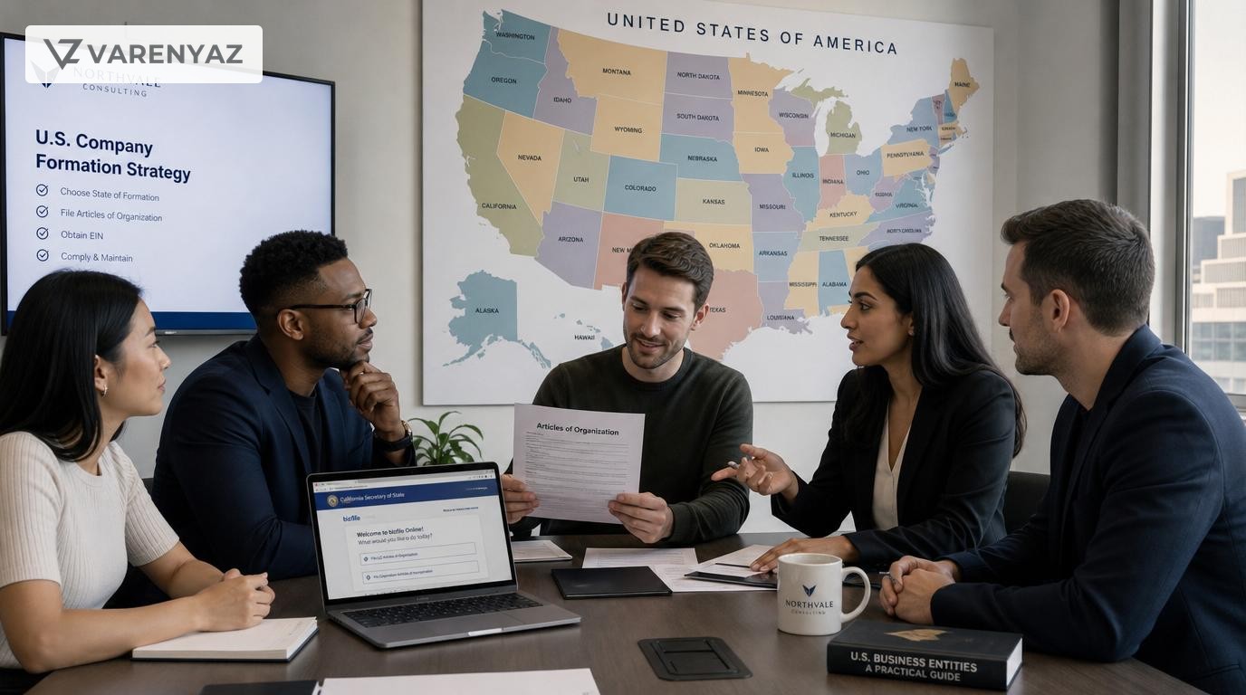 Business leaders reviewing documents and a U.S. map while planning company registration requirements in different states.