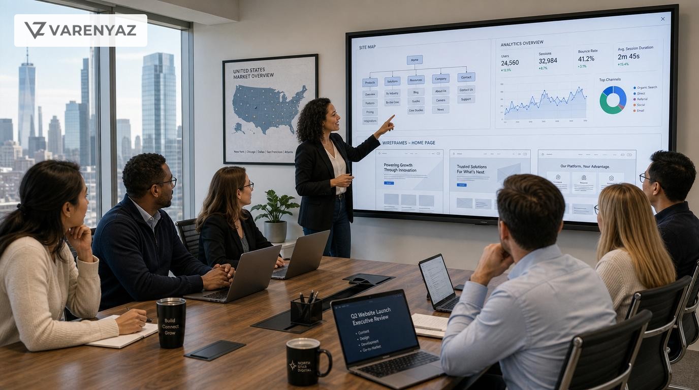 Business and technology leaders planning a professional website presence on a screen in a modern US office.