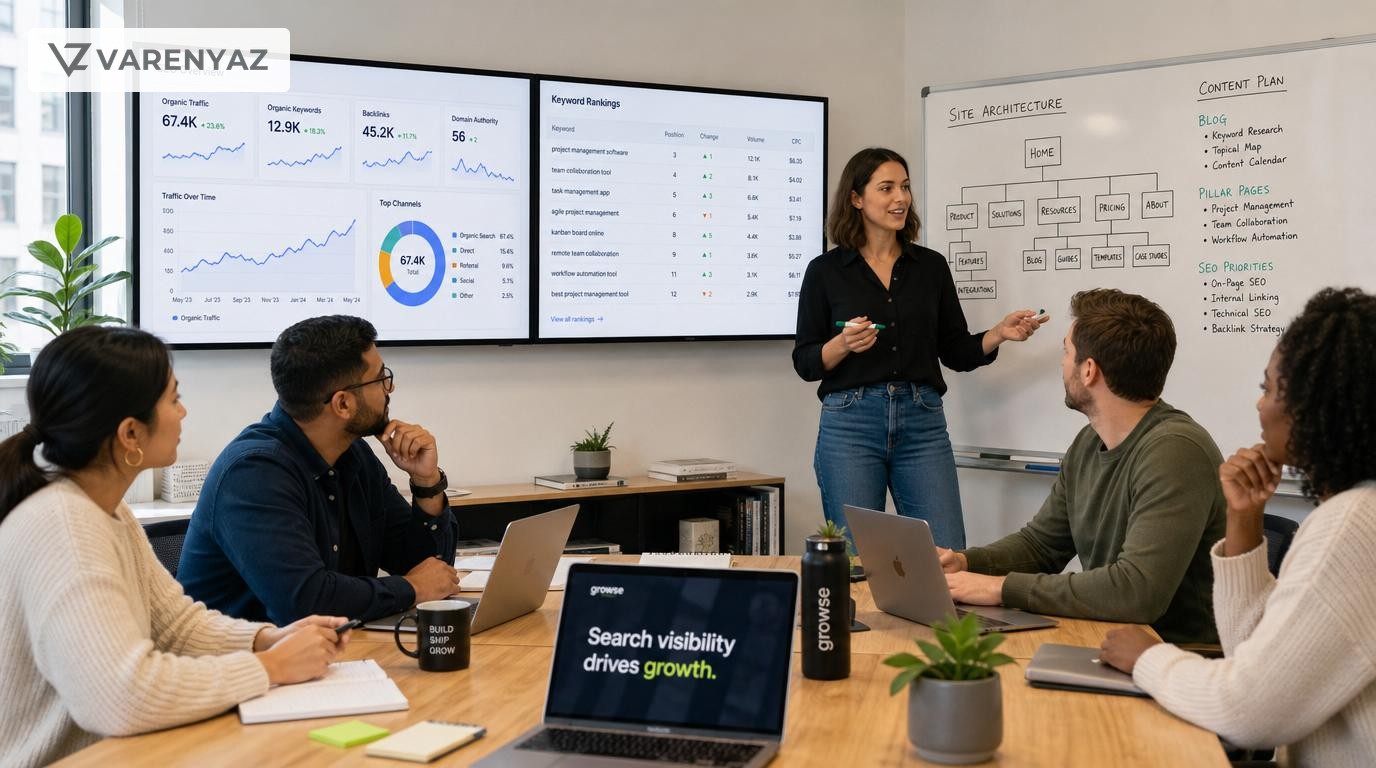 Business team in a U.S. office reviewing SEO performance and planning website structure on a whiteboard.