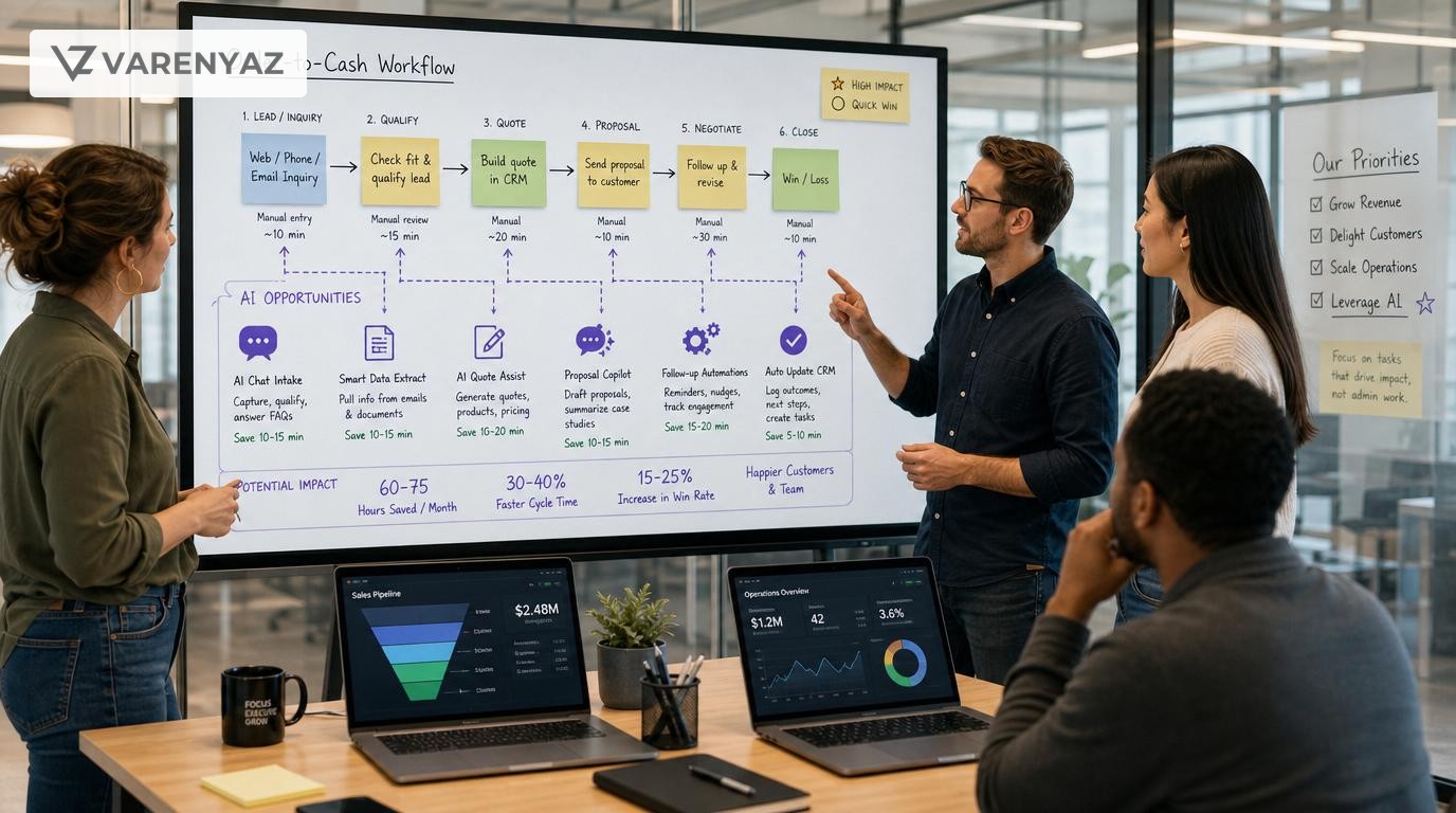 Business leaders in a US office collaboratively mapping processes and highlighting AI automation opportunities on a digital whiteboard.