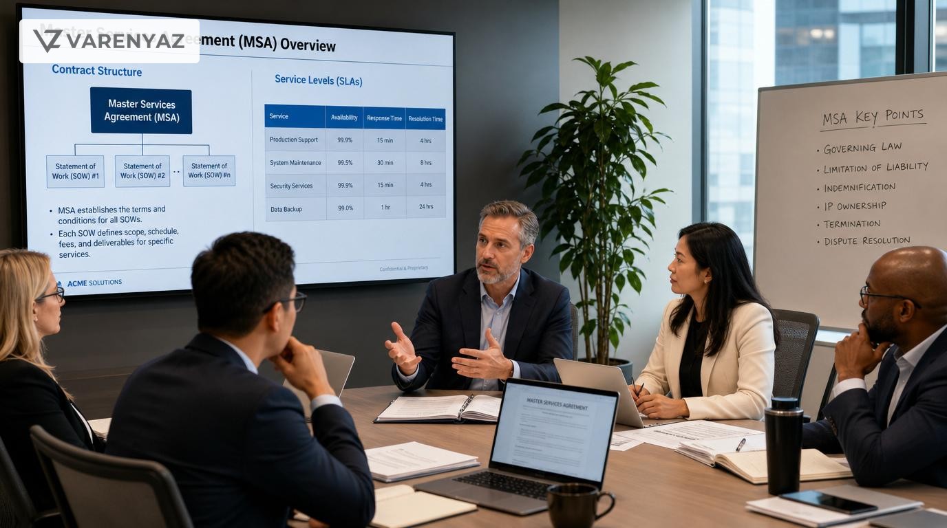 Business and technology leaders reviewing a software Master Services Agreement in a U.S. office meeting room.