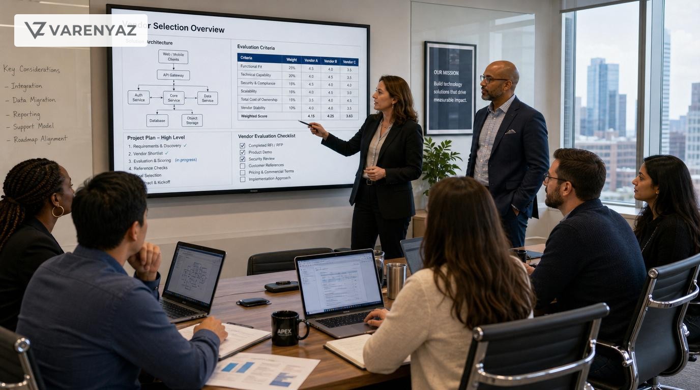Business leaders reviewing software vendor options with a development team in a US office.