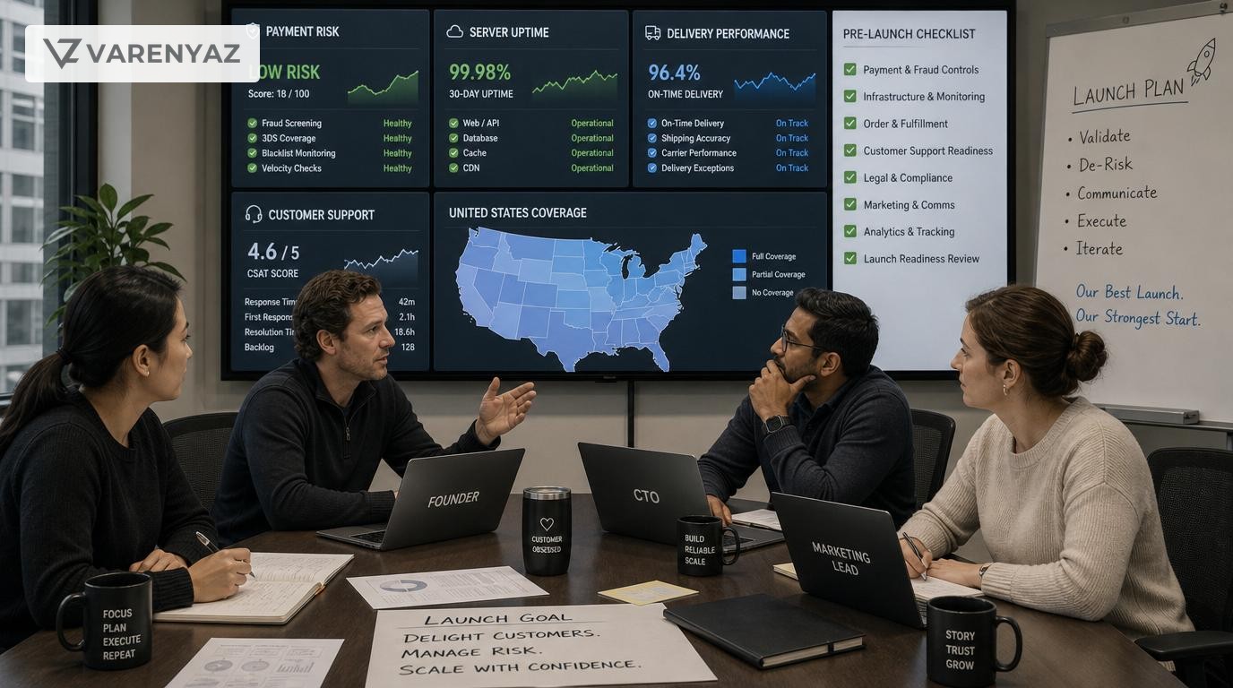 Business leaders reviewing operational risk dashboards and checklists before launching an online business in the United States.
