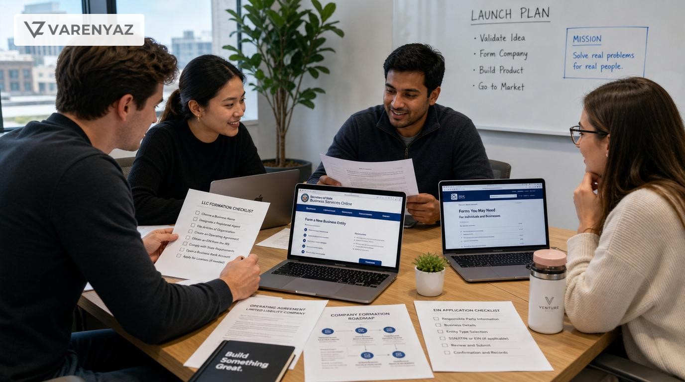 Founders reviewing company registration documents for a new U.S. business