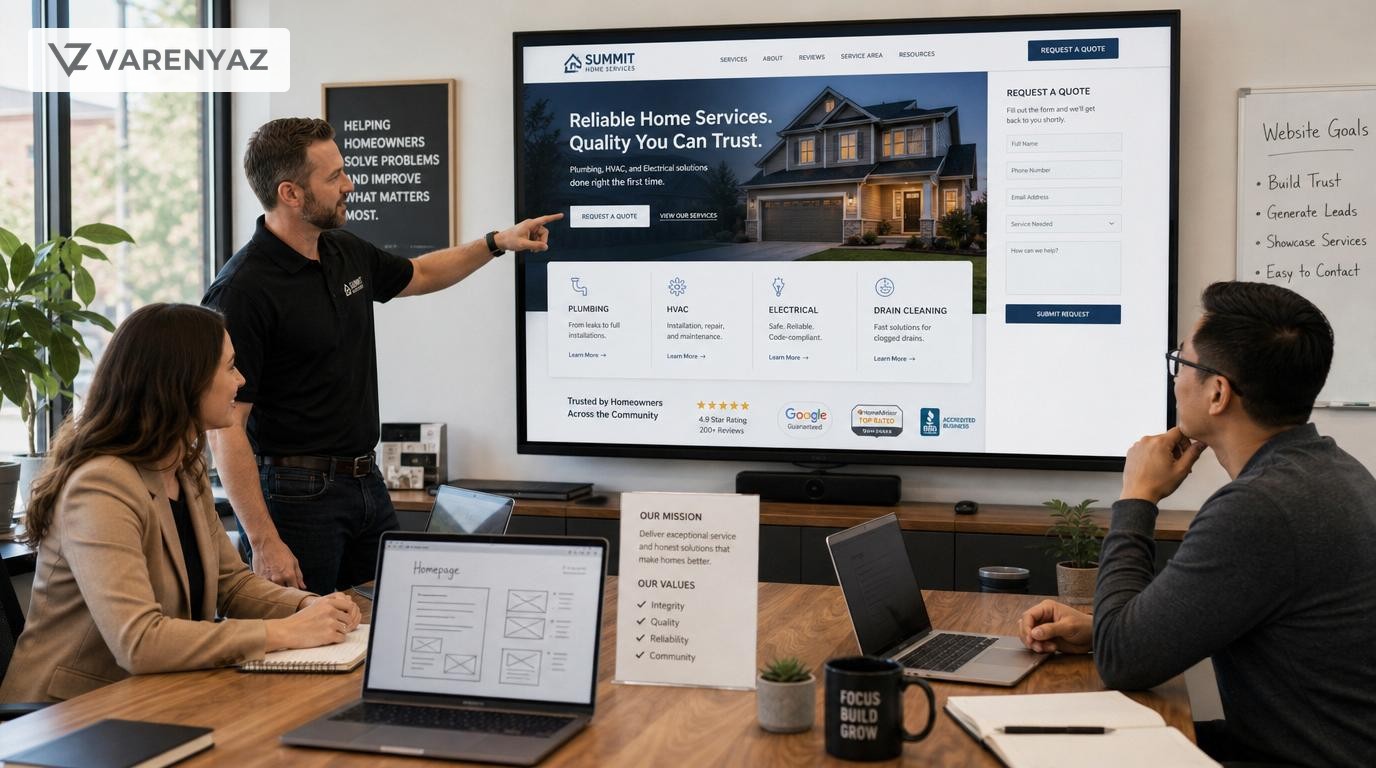 Business team reviewing a service business website layout with service pages, contact options, and trust elements on a large screen.