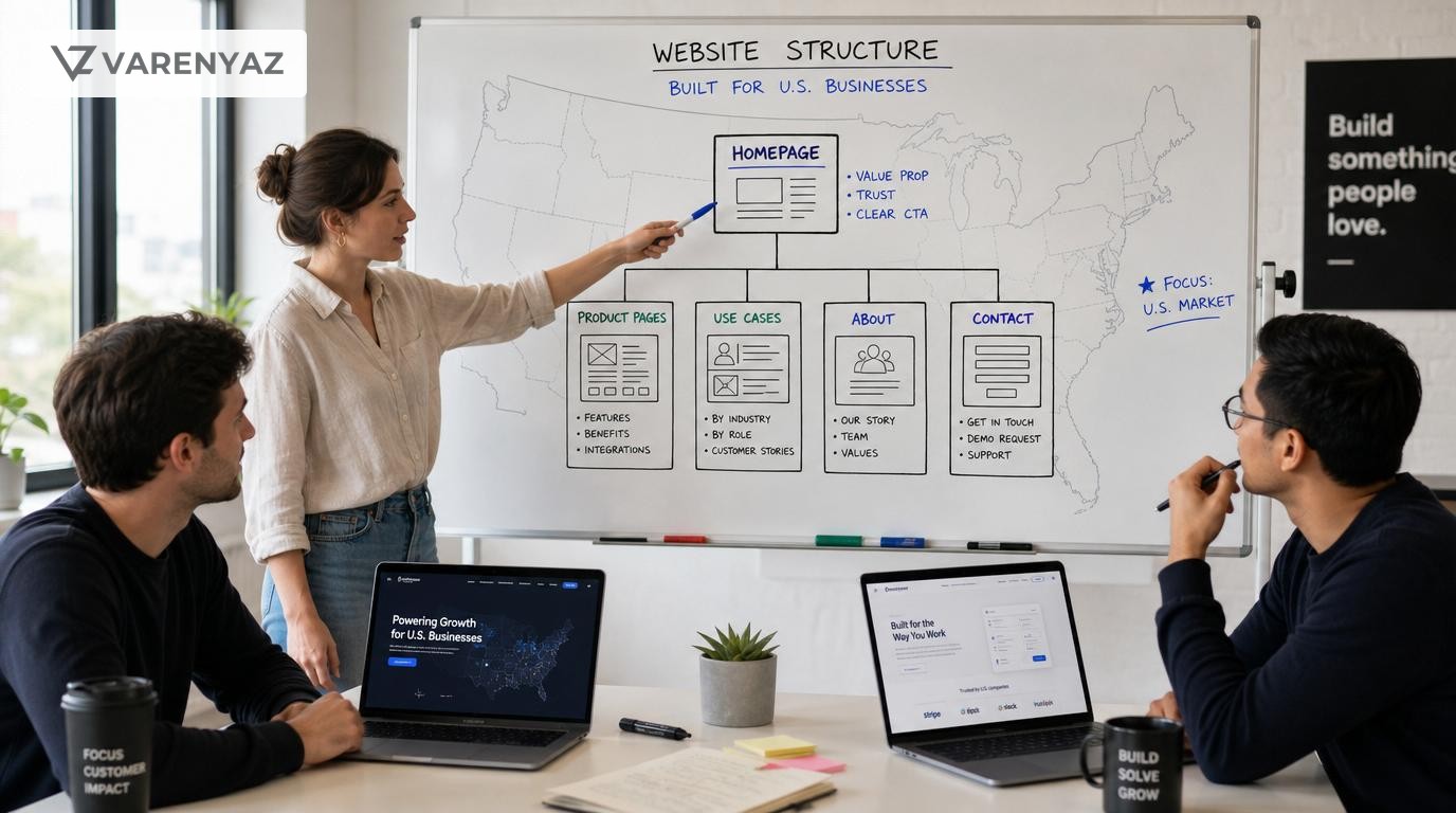 Startup team planning core SEO website pages on a whiteboard with a U.S. market focus