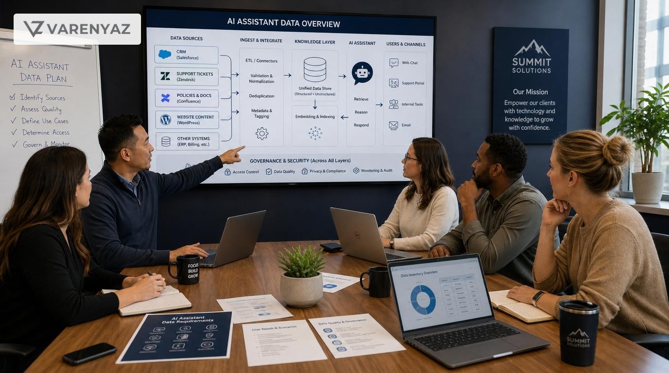 US business leaders reviewing data sources and planning an AI assistant implementation