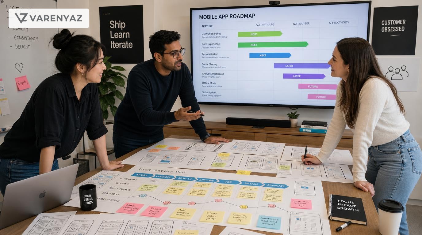 Business and technology leaders collaboratively planning a mobile app with wireframes and user journeys in a modern US office.