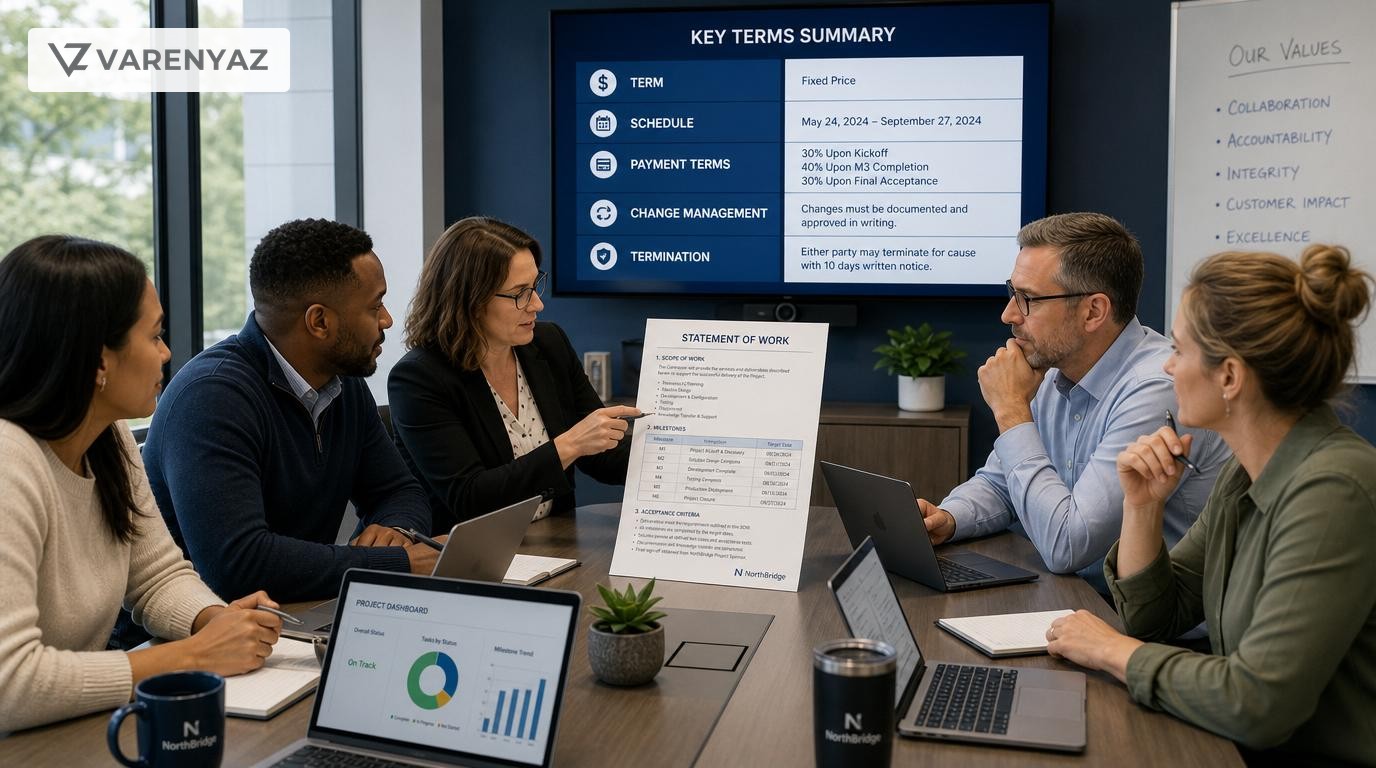 Business leaders reviewing a Statement of Work document in a U.S. office meeting.