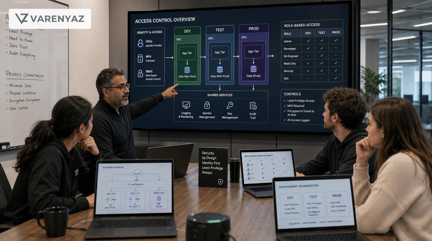 Leadership team reviewing secure access architecture for a development team using role-based controls and segmented environments.